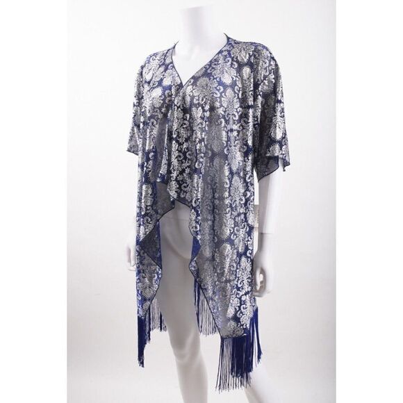 LulaRoe Womens Monroe Fringe CoverUp Duster Shawl Top S Small Blue Silver NWT - Picture 4 of 6